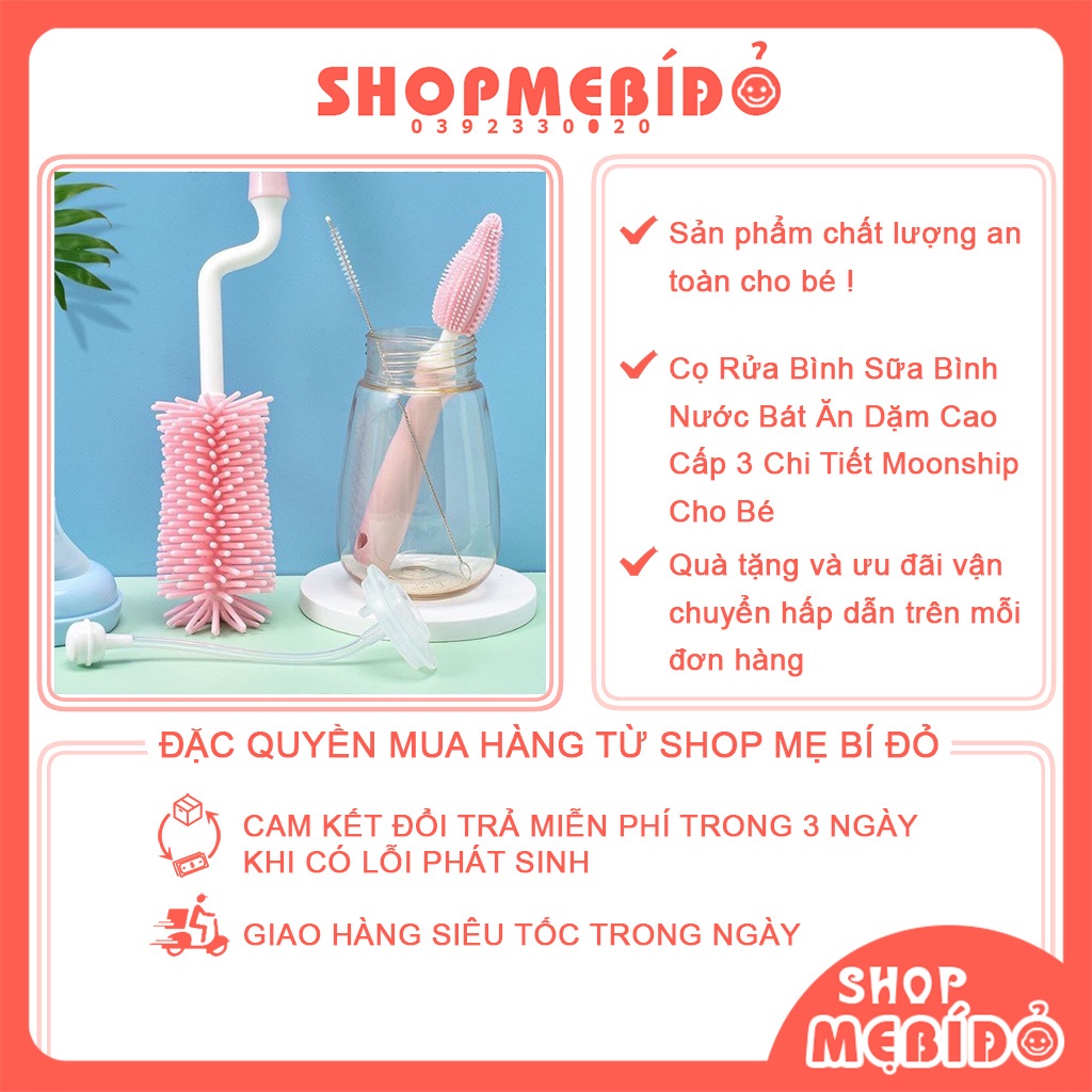 Cọ Rửa Bình Sữa Bình Nước Bát Ăn Dặm Cao Cấp 3 Chi Tiết Moonship Cho Bé PK24