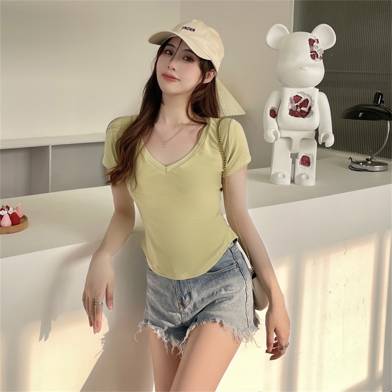 Áo thun SUXI tay ngắn cổ chữ V đơn giản thời trang mùa hè dành cho nữ