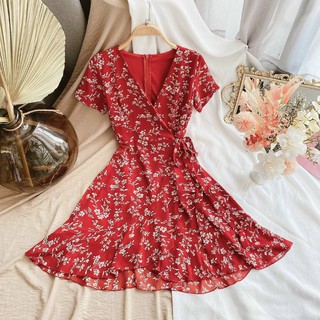 [𝑵𝒆𝒘 𝑨𝒓𝒓𝒊𝒗𝒂𝒍] Đầm Maxi hoa đỏ đắp chéo thắt eo Vintage