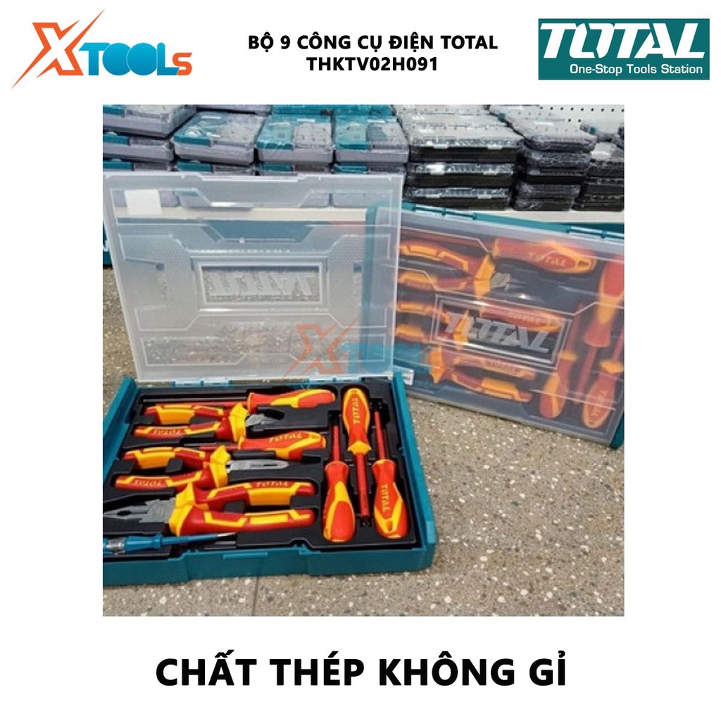 Bộ 9 công cụ cầm tay cách diện TOTAL THKTV02H091 bộ đồ nghề cách điện bao gồm kềm răng, 2 kềm cắt, 5 tua vít, 1 bút thử