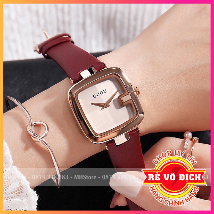 Đồng hồ nữ Guou mặt vuông đẹp giá rẻ, dây da cao cấp, thời trang hiện đại Hàn Quốc [Tặng bông tai]