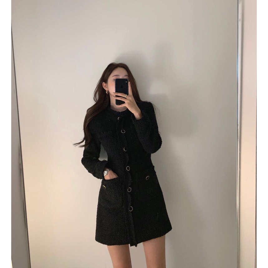 Váy dạ tweed cổ tròn 2 túi bên hông