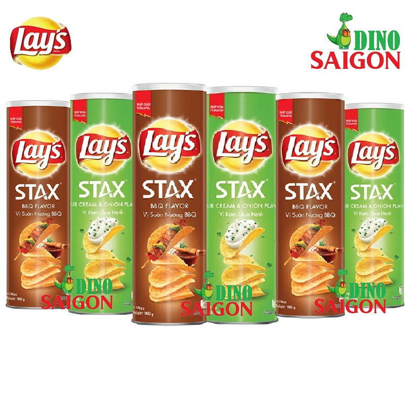 Combo 6 Hộp Bánh Snack Khoai Tây Lay's Stax Malaysia 160g gồm 3 vị Kem Chua Hành và 3 vị Sườn nướng BBQ