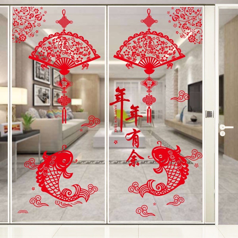 Decal trang trí tết cửa lớn - Cặp cá phối dây quạt đỏ ( 2 tấm )
