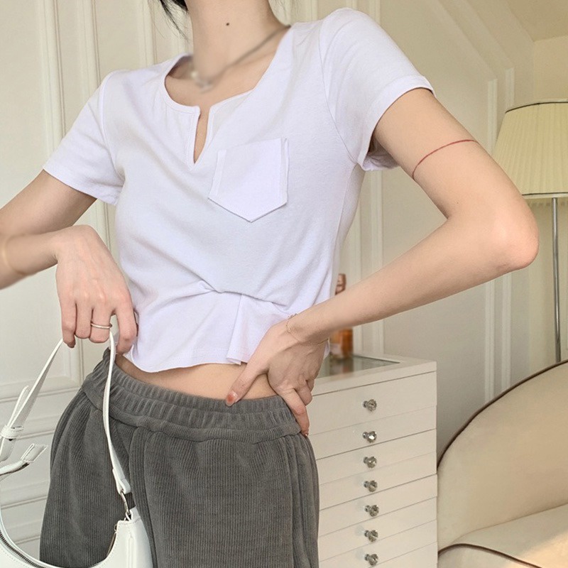 Áo Thun Tay Ngắn Cổ Chữ V Màu Sắc Đơn Giản Cho Nữ