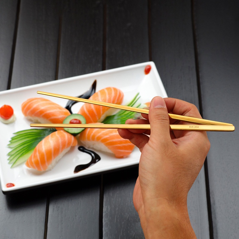 Đũa Bằng Thép Không Gỉ 304 Dày Dặn Chống Trượt Màu Vàng Đồng Phong Cách Hàn Quốc