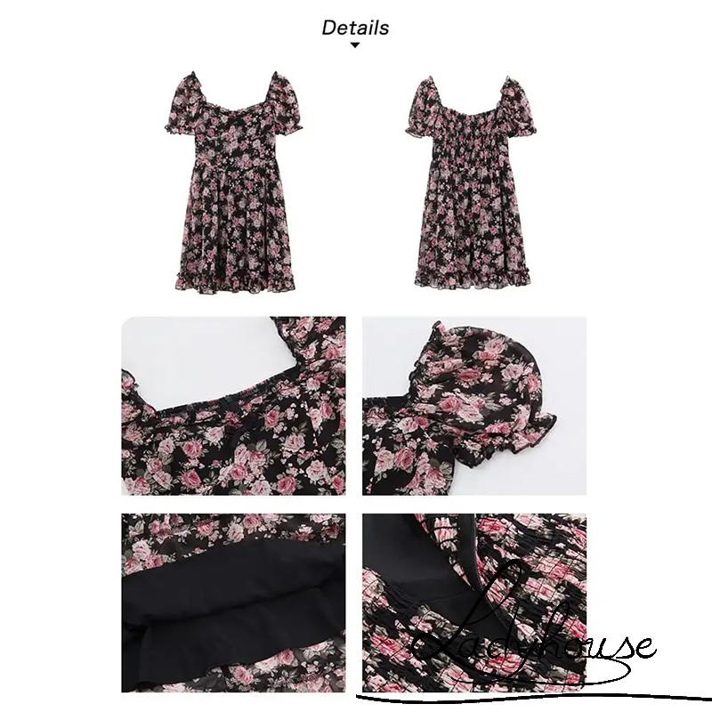 Đầm chữ A mini cổ vuông tay ngắn phồng eo cao thời trang mùa hè cho nữ