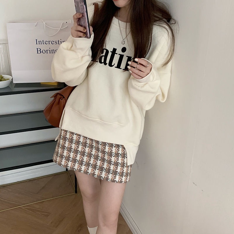 Set áo hoodie dài tay và chân váy tweed họa tiết sọc caro kiểu Hàn trẻ trung (có bán lẻ)