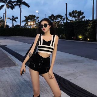 [ORDER-CÓ BIG SIZE] Set áo len tăm 2 dây kẻ sọc mix màu + sooc bò cách điệu ulzzang cá tính kèm ảnh thật