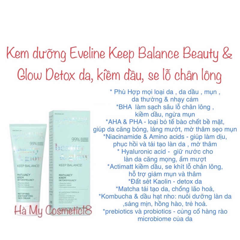 Kem dưỡng Eveline Keep Balance Beauty & Glow Detox da, kiềm dầu, se lỗ chân lông