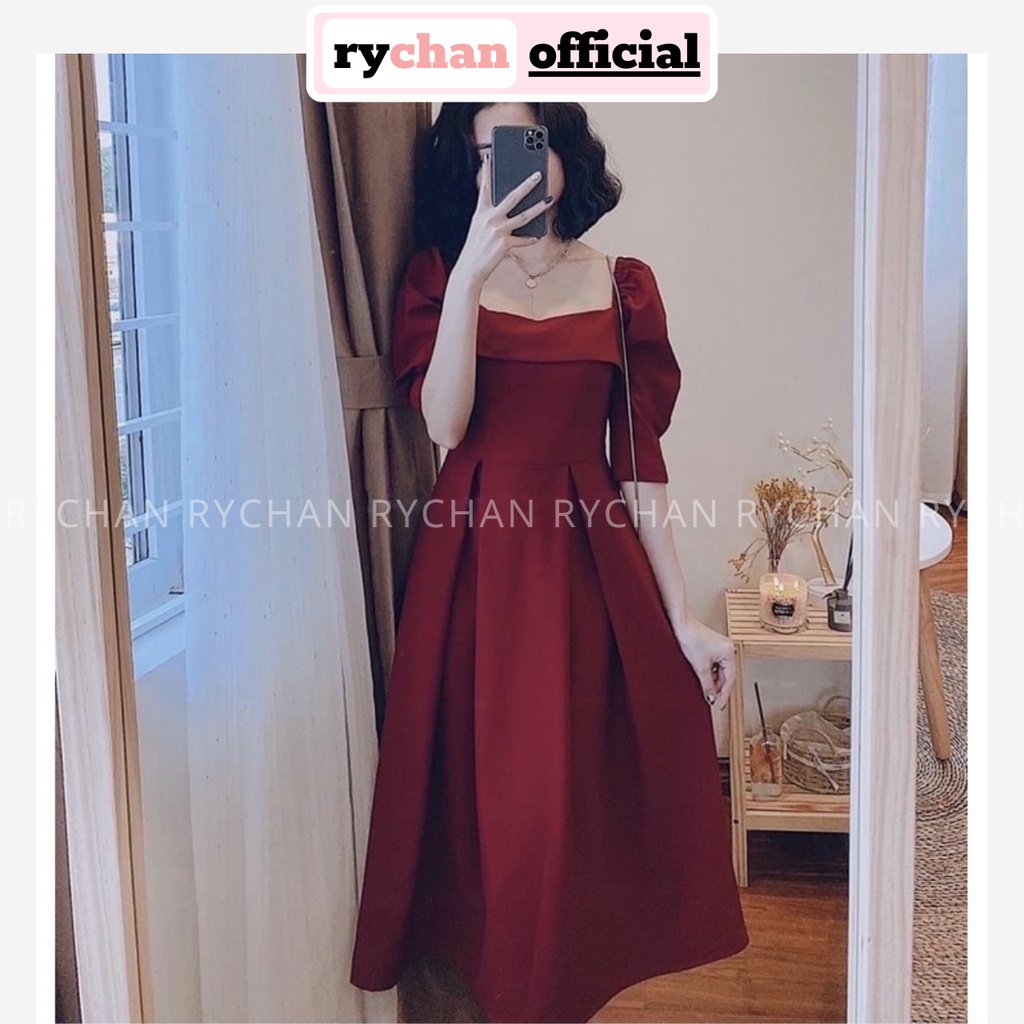 Đầm Dự Tiệc Cổ Vuông Tà Ngang Trước Ngực Thun Vai Xếp Li Eo Màu Đỏ Kem [ẢNH THẬT CUỐI] - DX9728