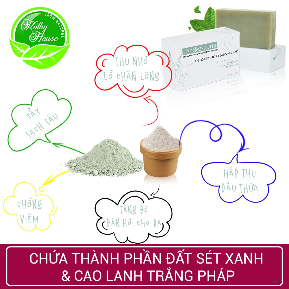 Xà phòng rửa mặt đất sét xanh rendez-vous detoxifying cleansing bar, giải độc tố, dành cho da dầu 100g