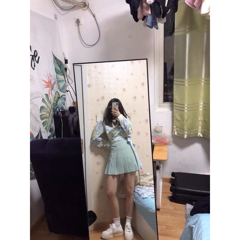 [ORDER] SET ULZZANG ÁO SƠ MI CROPTOP HOẠ TIẾT PHỐI DÂY MIX CHÂN VÁY TENNIS CÓ ẢNH THẬT