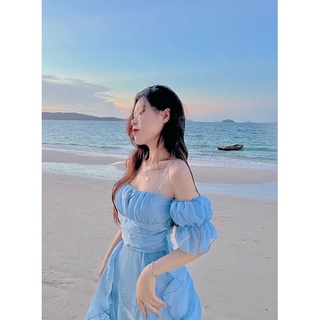 [ảnh thật] Đầm 2 dây trễ vai tay bồng
