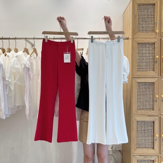 Quần vải hồng ống loe cạp cao dáng dài basic