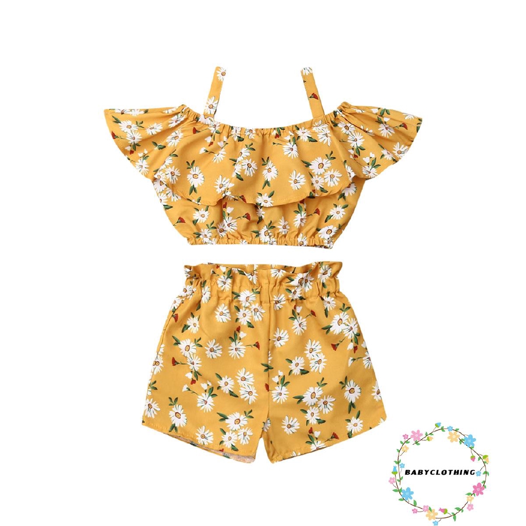 Bộ áo croptop hở vai + quần đùi in hoa thời trang mùa hè mới nhất dành cho bé gái