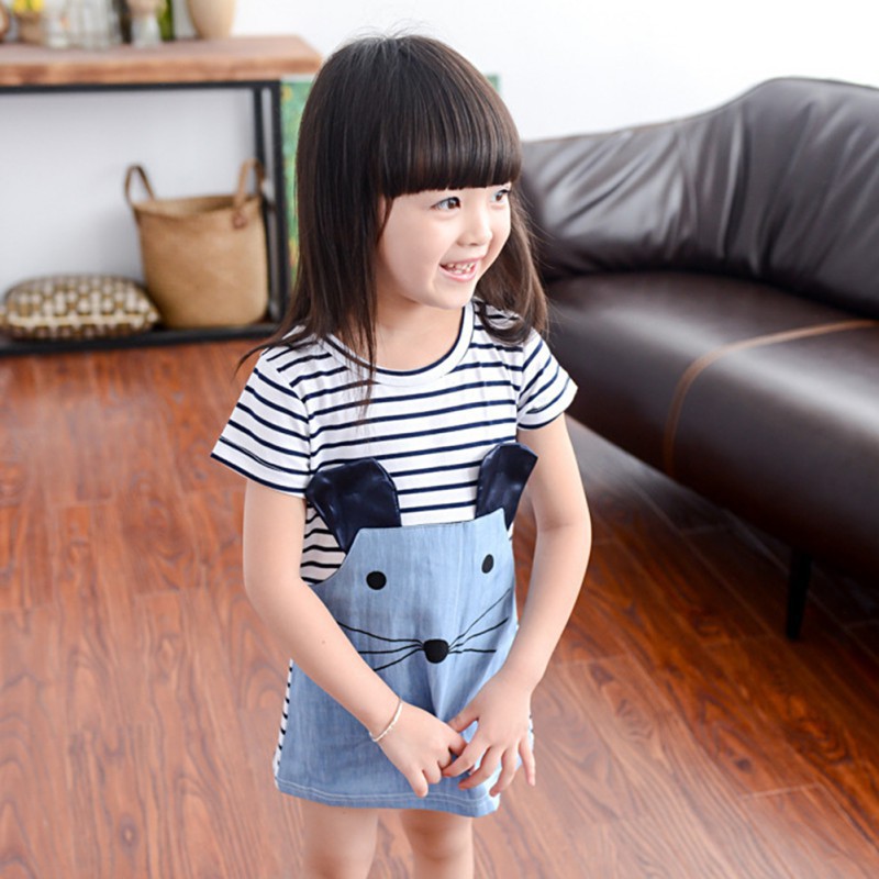 Đầm sọc phối vải denim thêu hình mèo con xinh xắn cho bé