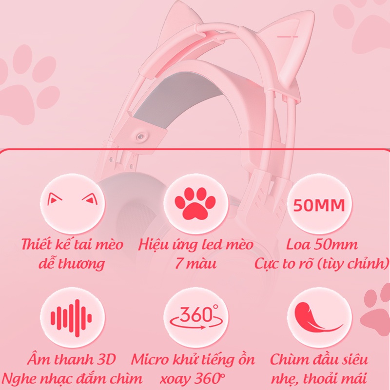 Tai nghe mèo chụp tai có dây, tai nghe gaming có micro siêu dễ thương sử dụng điện thoại và máy tính học online giải trí
