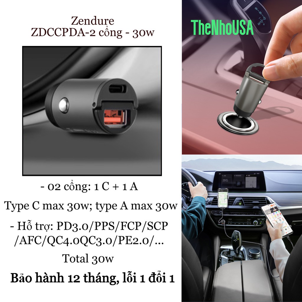 Tẩu sạc nhanh ô tô Zendure 2 Cổng 30W, 2 Port Ultra - ZDCCPDA [PD3.0 PPS QC4.0 FCP SCP PE2.0] - B thumbnail