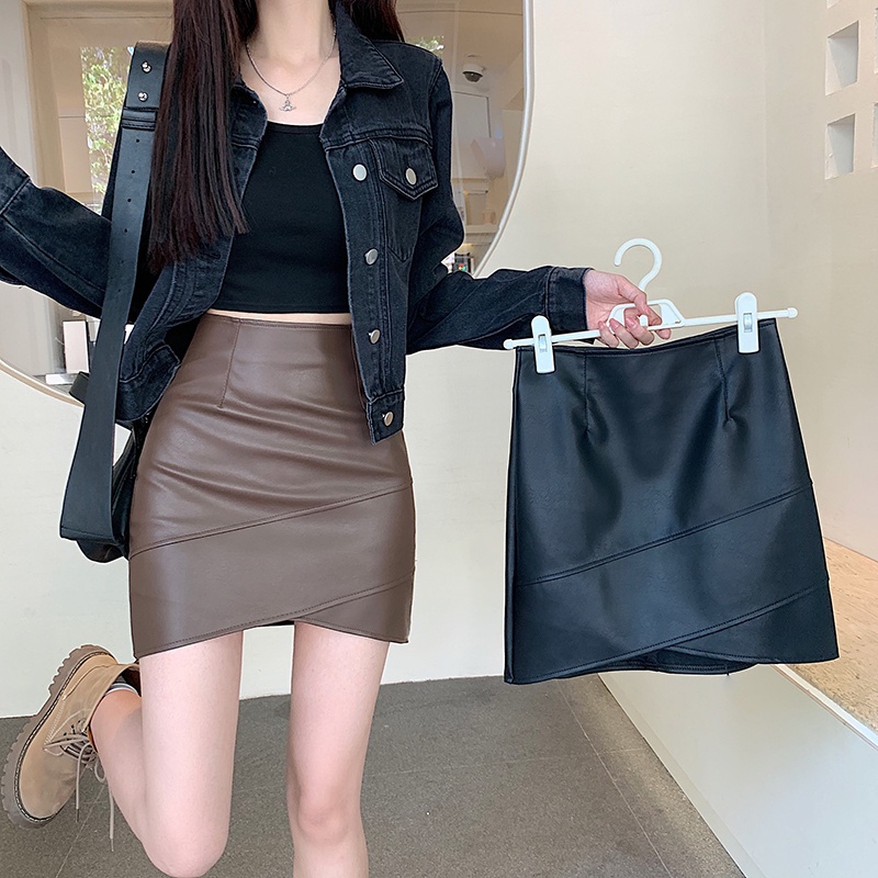 Chân váy Suxi da pu lưng cao dáng chữ A thời trang thu đông Hàn Quốc