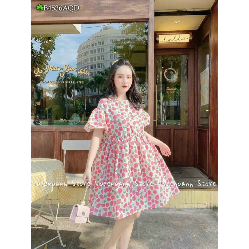 Đầm babydoll in trái dâu cổ tròn tay phồng,đầm xoè tiểu thư dành cho nàng bầu xinh xắn,đầm midi in dâu đi biển dễ thương