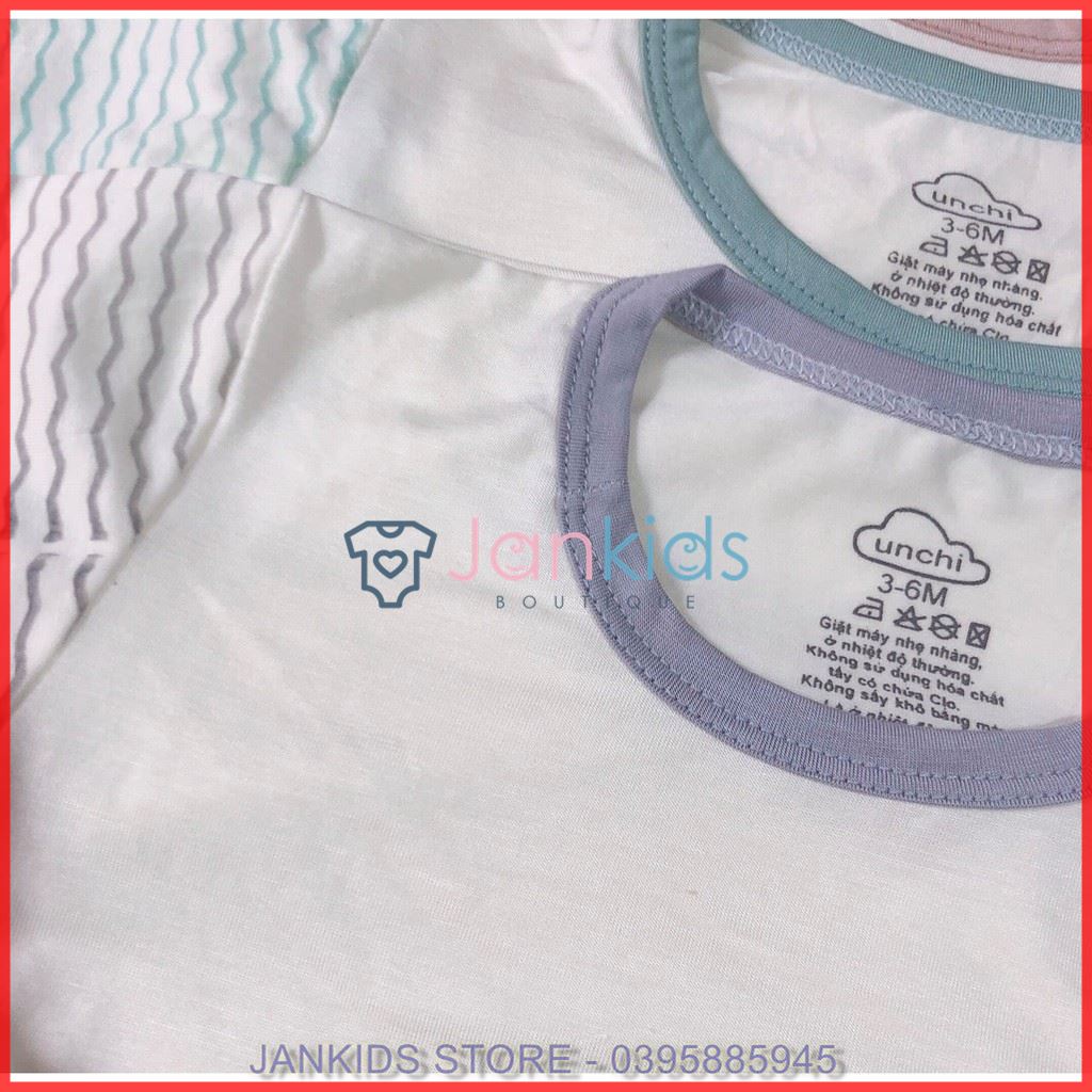 Bộ cộc UNCHI cài vai phối tay kẻ, Bộ quần áo cộc tay cài vai chất petit mềm mịn cho bé 5-15kg