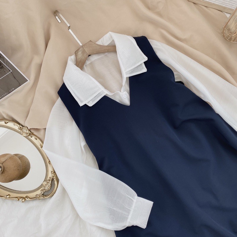 SET YẾM SUÔNG XANH NAVY KÈM SOMI CỔ NHỌN 2 LỚP