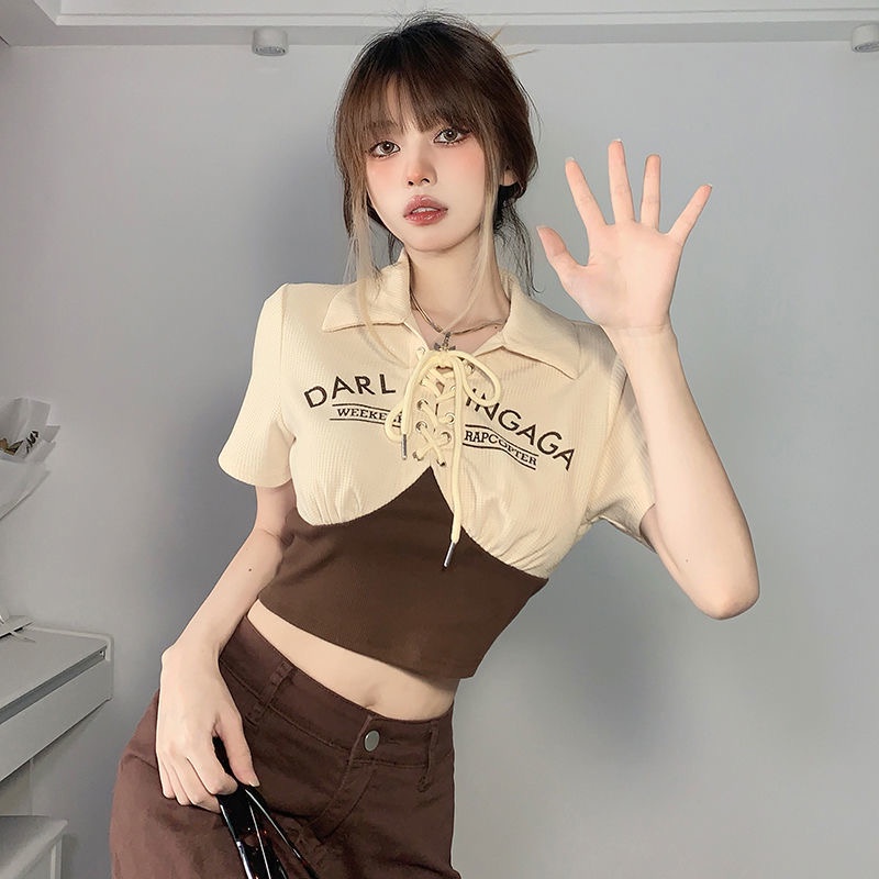 Mới Áo Thun Polo Dáng Ngắn Ôm Eo Phối Màu Tương Phản Kiểu retro Thời Trang Cho Bạn Gái Y2K