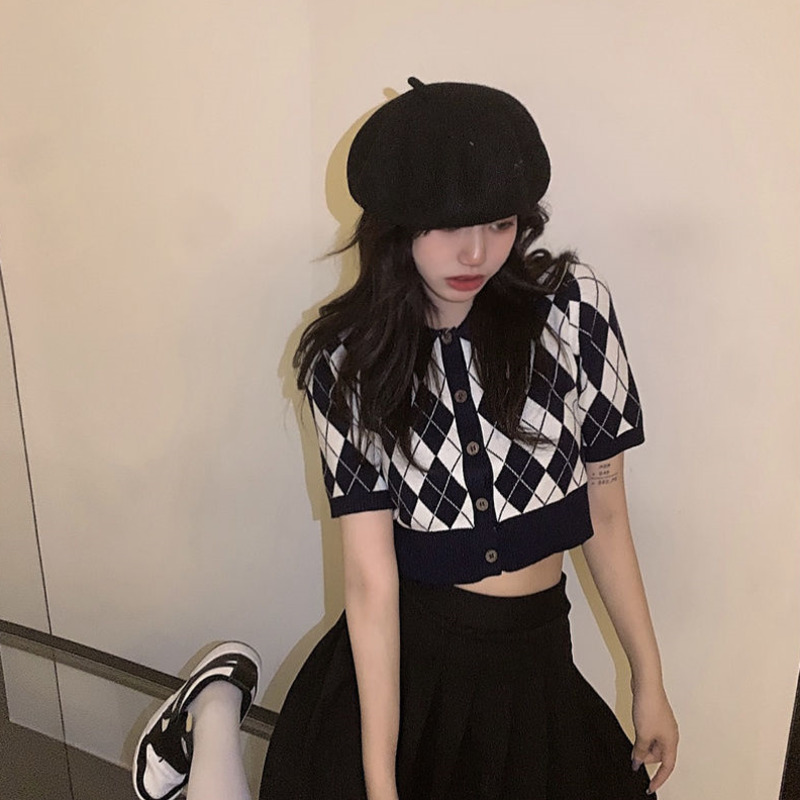 Áo Thun Dệt Kim Tay Ngắn Cổ Bẻ Thiết Kế Đơn Giản Phong Cách Retro Hàn Quốc Thời Trang Cho Nữ
