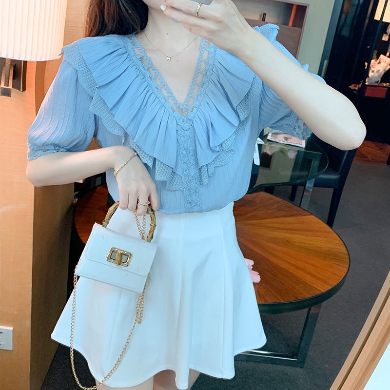 Áo Sơ Mi Ngắn Tay Cổ Chữ v Phối Ren Xinh Xắn Thời Trang 164158 Áo Sơ Mi Phối Bèo Dáng Ôm Phong Cách Hàn Quốc Dễ Phối Đồ Thời Trang