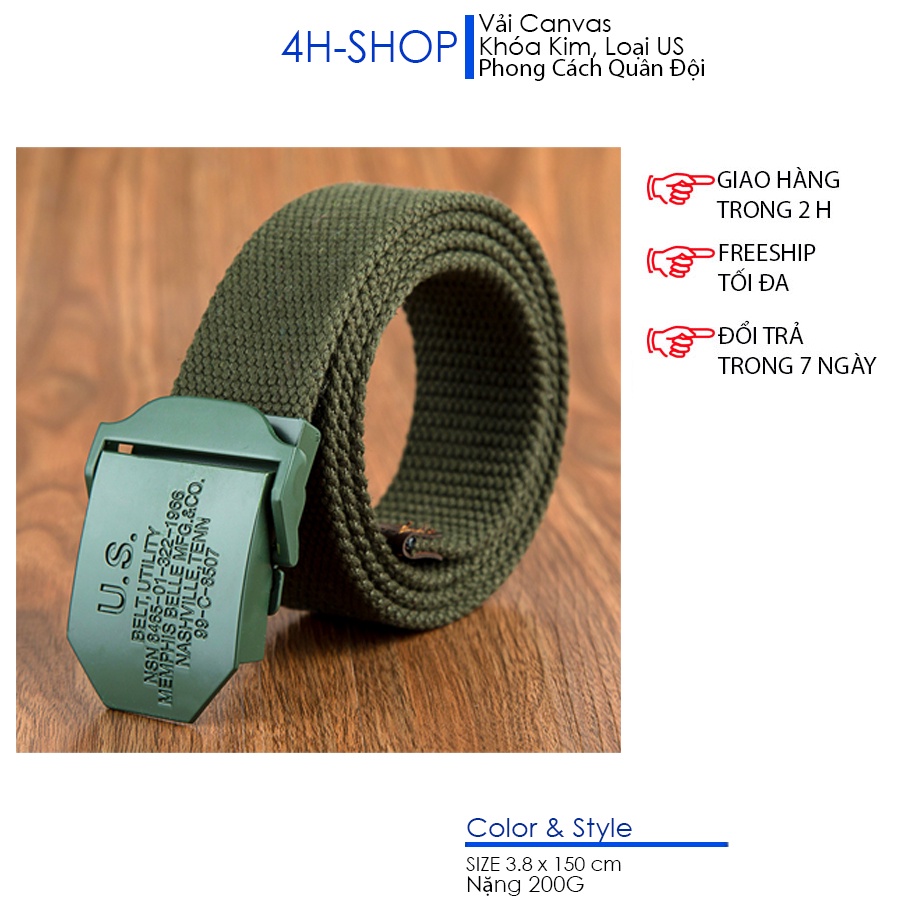 Thắt lưng nam vải bố Canvas khóa kim loại U.S, Size dây 3.5 x 115 cm, phong cach bền, đep, phượt, du lịch, nhiều kiểu ph