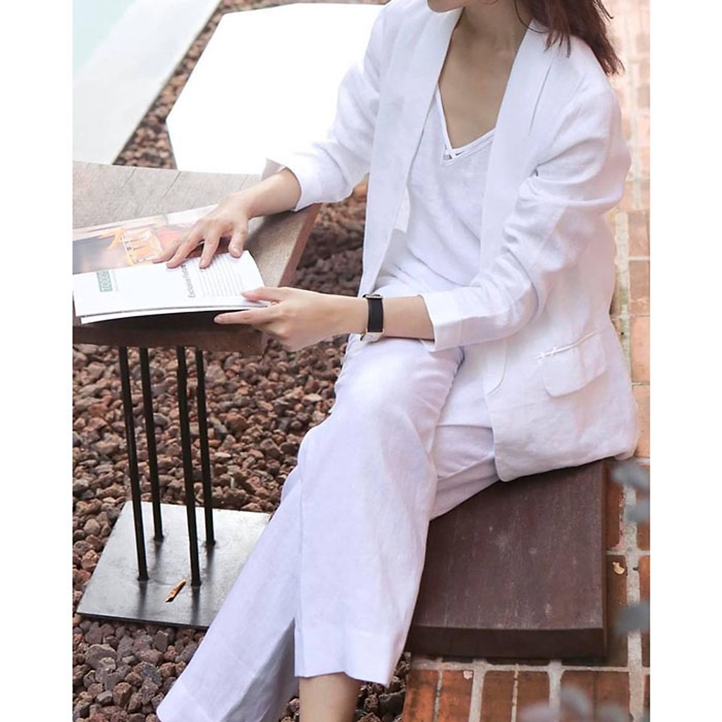 (TỔNG KHO LÂM ANH CHUYÊN SỈ) Set bộ 3 món vest blazer ve tròn công sở + Quần ống rộng + Áo ghi lê trẻ trung (Trắng)