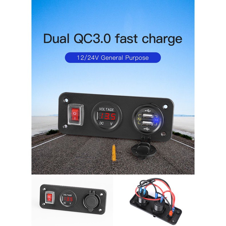 Cục Sạc Nhanh QC3.0 Hai Cổng Usb 3.0 Có Công Tắc On / off 3 Trong 1 Chống Nước Cho Điện Thoại Di Động 12-24V