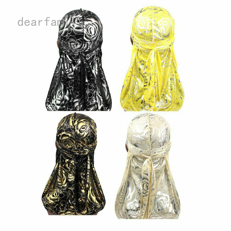 Gold Flower Rose Design Silk Durag Cap Doo rag Scarf Dew rag Wrap Up Luxury