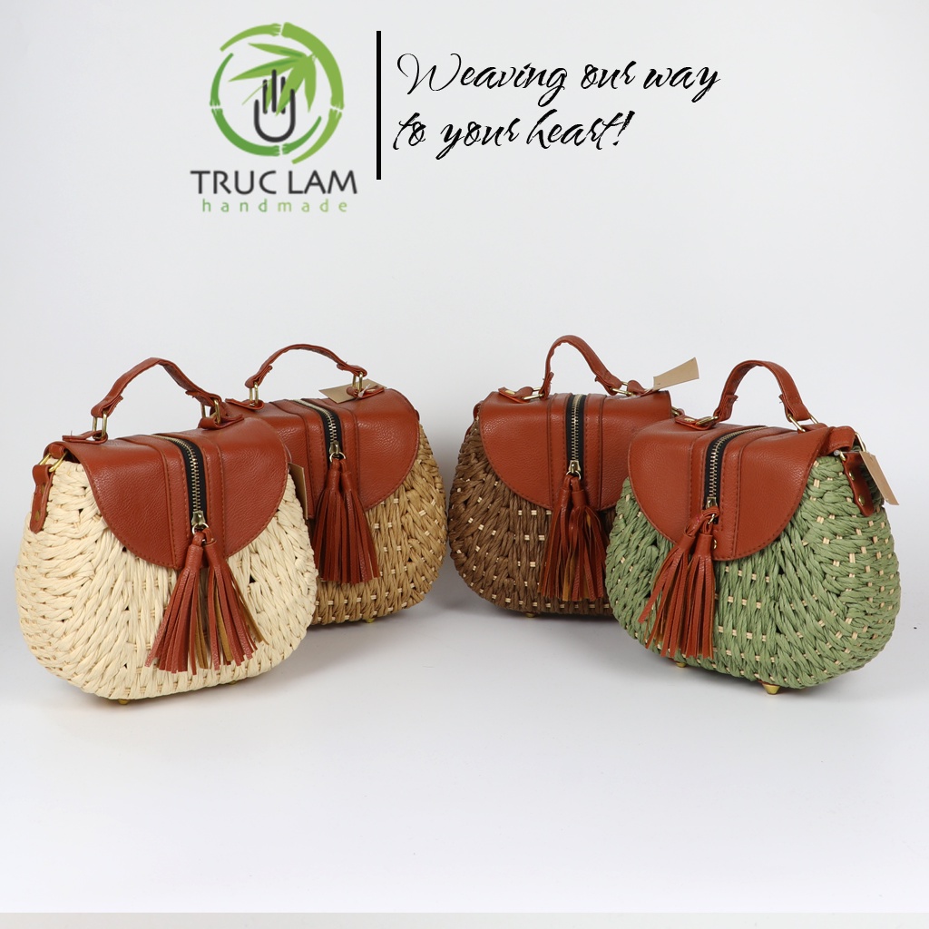 Túi Cói Đeo Chéo Thời Trang Nữ Hình Hộp Nắp Da Thật – Trúc Lâm Handmade