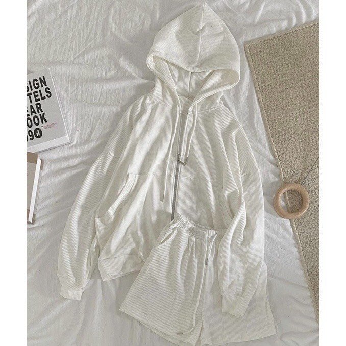 HÓT NHẤT NĂM  Set Bộ 2 Món Quần Short Đùi + Áo Hoodie Khóa Kéo Có Nón Nữ Chất Vải Nhung Tăm Cao Cấp Dày Dặn 4 Màu