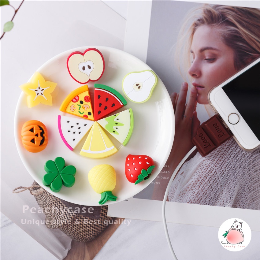 Ốp Bảo Vệ Dây Cáp Sạc USB Bằng Silicon Hình Bánh Pizza / Dâu Tây Dễ Thương
