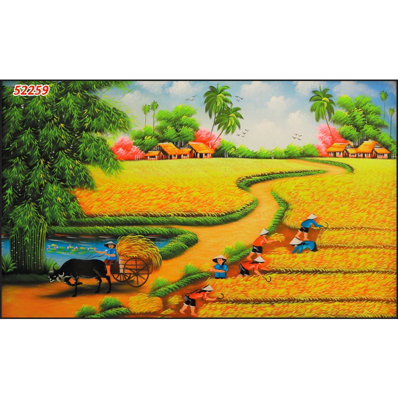 Tranh Làng Quê Cày Ruộng, Gặt Lúa, Chăn Trâu, Cắt Cỏ