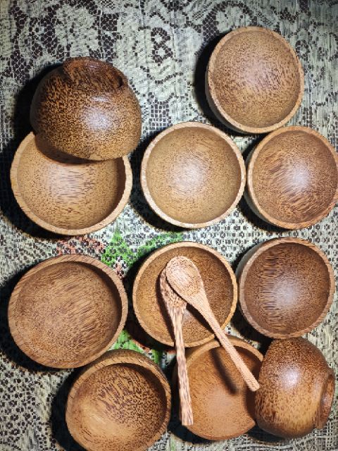 Chén gỗ dừa giá rẻ kèm muỗng gỗ dừa 16cm - Loại 2