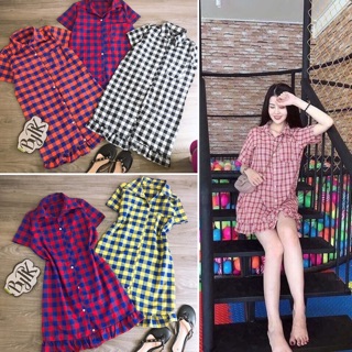 Đầm suông sơ mi lai bèo sọc ca rô-ảnh thật chụp sàn