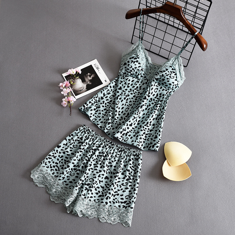 Leopard Print Women Pajamas With Chest Pad Sexy Sleepwear