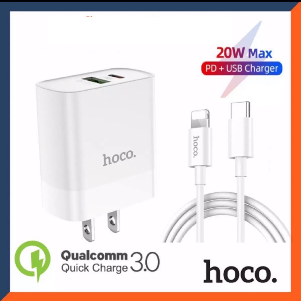 Bộ Củ Cáp Sạc Nhanh,Siêu Bền Chính Hãng Hoco C80 USB C +USB /Type C Cốc 20W Dây Dài 1m Cho Ip8 8 Plus Xs Max 11 12 13 14