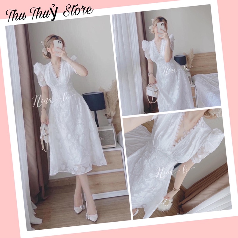 Đầm bông thêu phối ren tay phồng siêu xinh dự tiệc, dạ hội