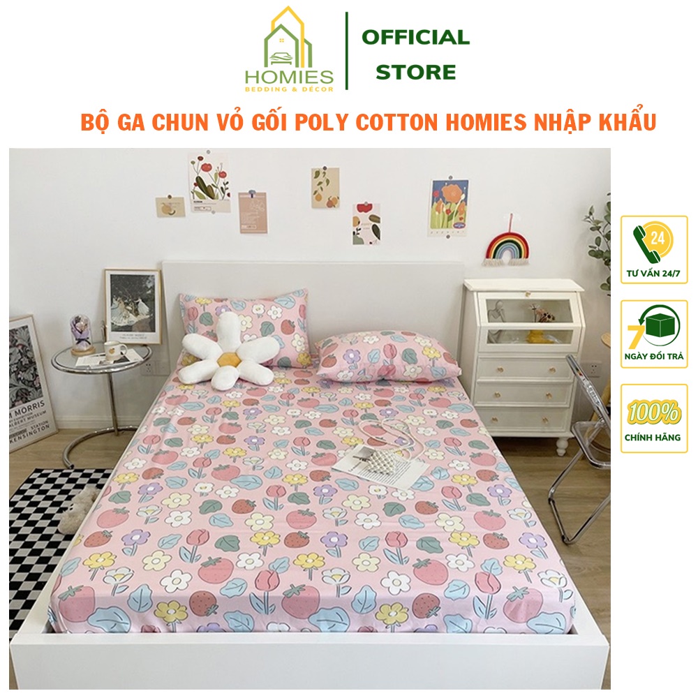 Bộ Ga Chun Vỏ Gối HOMIES Bedding & Décor Nhập Khẩu Chất Cotton Poly Không Bai Xù (Bo Chun Theo Yêu