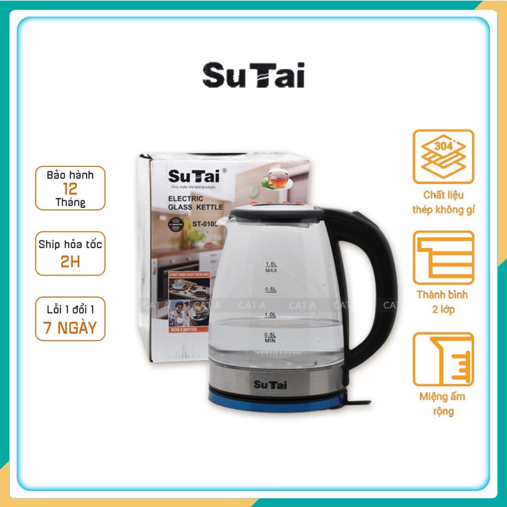 Ấm Siêu Tốc Thủy Tinh trong suốt CAO CẤP SUTAI Dung tích 2.0L - Ấm thủy tinh tiết kiệm điện Bình đun nước sunhouse t03