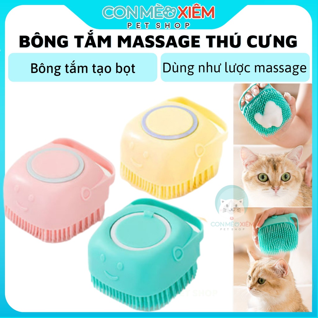 Bông tắm silicon có ngăn đựng xà bông hình vuông, nhựa tạo bọt xà phòng Con Mèo Xiêm