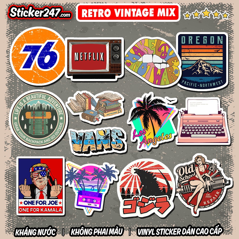 Sticker Retro Vintage Mix chủ đề 🌈𝑭𝒓𝒆𝒆𝒔𝒉𝒊𝒑 chống nước, hình decal dán laptop, ipad, mũ bảo hiểm,vali, đàn guitar, ipad