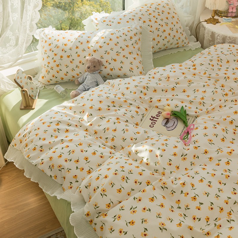 ◊> Bộ bốn mảnh chăn ga gối đệm hoa tươi nhỏ, lưới mùa hè người nổi tiếng mới giặt khăn trải giường ba Spring and Autumn