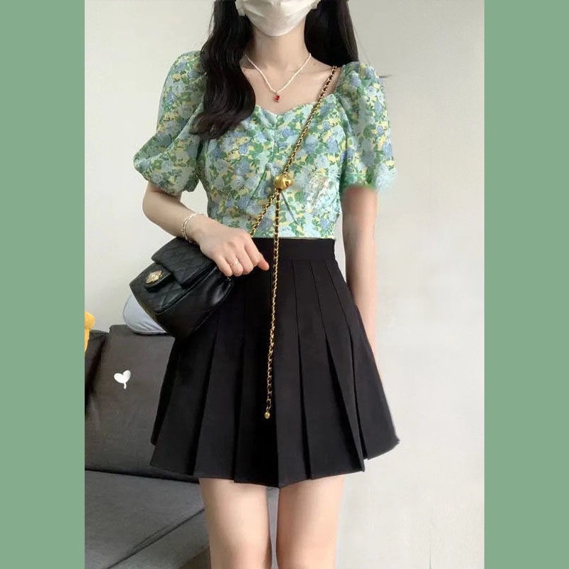 Bộ Áo Tay Phồng + Chân Váy Xếp Ly In Họa Tiết Hoa Thời Trang Mùa Hè Xinh Xắn Cho Nữ