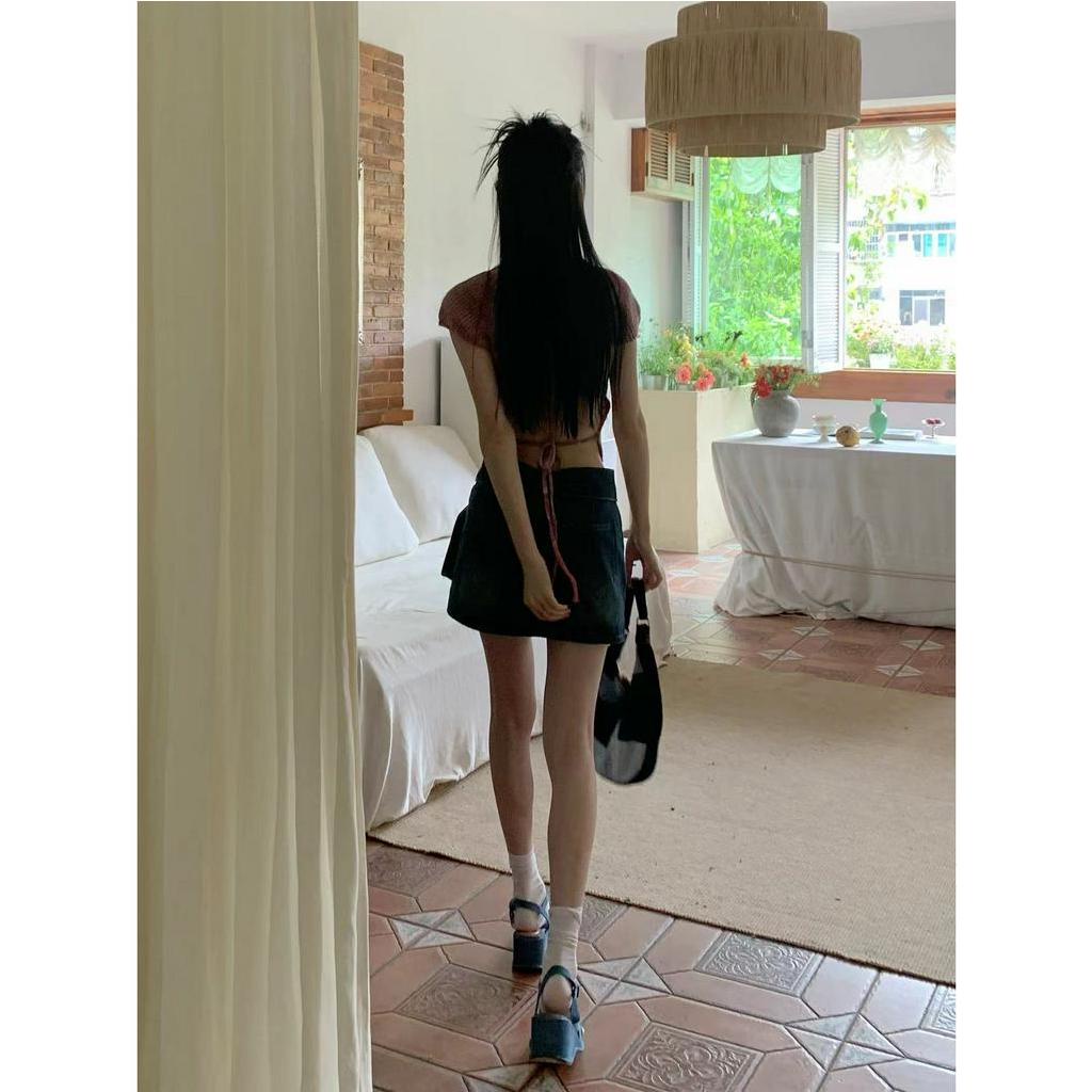 qkoole Mới Áo Thun Dệt Kim Ngắn Tay Hở Lưng Họa Tiết Kẻ Sọc Cho Nữ